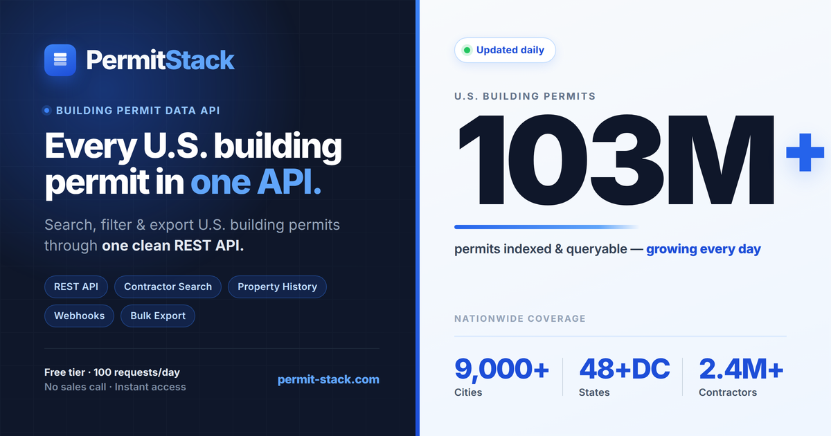 Permit Stack Website Api Building Permit API — 77M+ Records, 8,000+ Cities, Free Tier · PermitStack